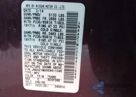 2014 Nissan Murano Le/S/Sl/Sv from USA, damaged, VIN JN8AZ1MU0EW411596
